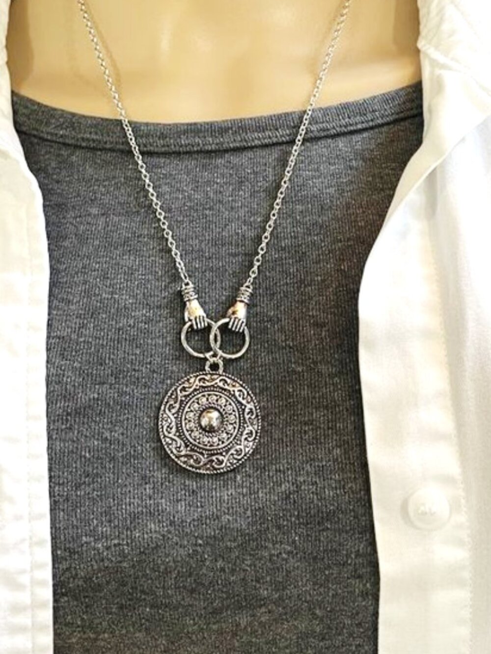 Vintage Bohemian Carved Totem Disc Pendant Necklace